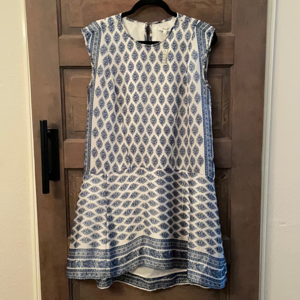 NEW with tag- Madewell dress- blue, cream & grey French print Sz Small 100% silk